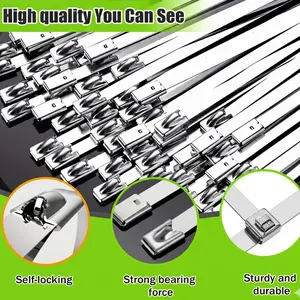 Metal Zip Ties,100 Pcs 4/6/8/10/12 Inch,304 Stainless Steel Zip Ties Multi-purpose Metal Cable Ties-Suitable for Outdoor Chain Link Fence and Exhaust Wrap Zip Ties