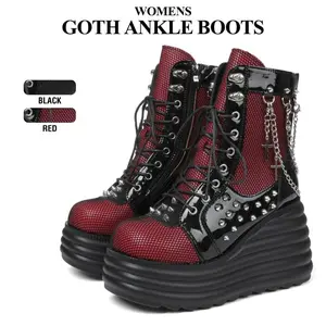 CYNLLIO Womens Goth Ankle Boots Round Toe Platform High Heels Lace Up Side Zipper Punk Rivet Metallic Chain Studs Spiked Hollow Party Nightclub Gothic Combat Short Spring Boot Shoes
