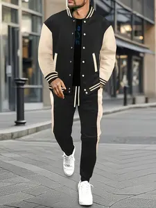 Polyester Men's Casual Baseball Jacket & Pants Set - Color Block, Button-Up with Belt Detail for Spring/Fall