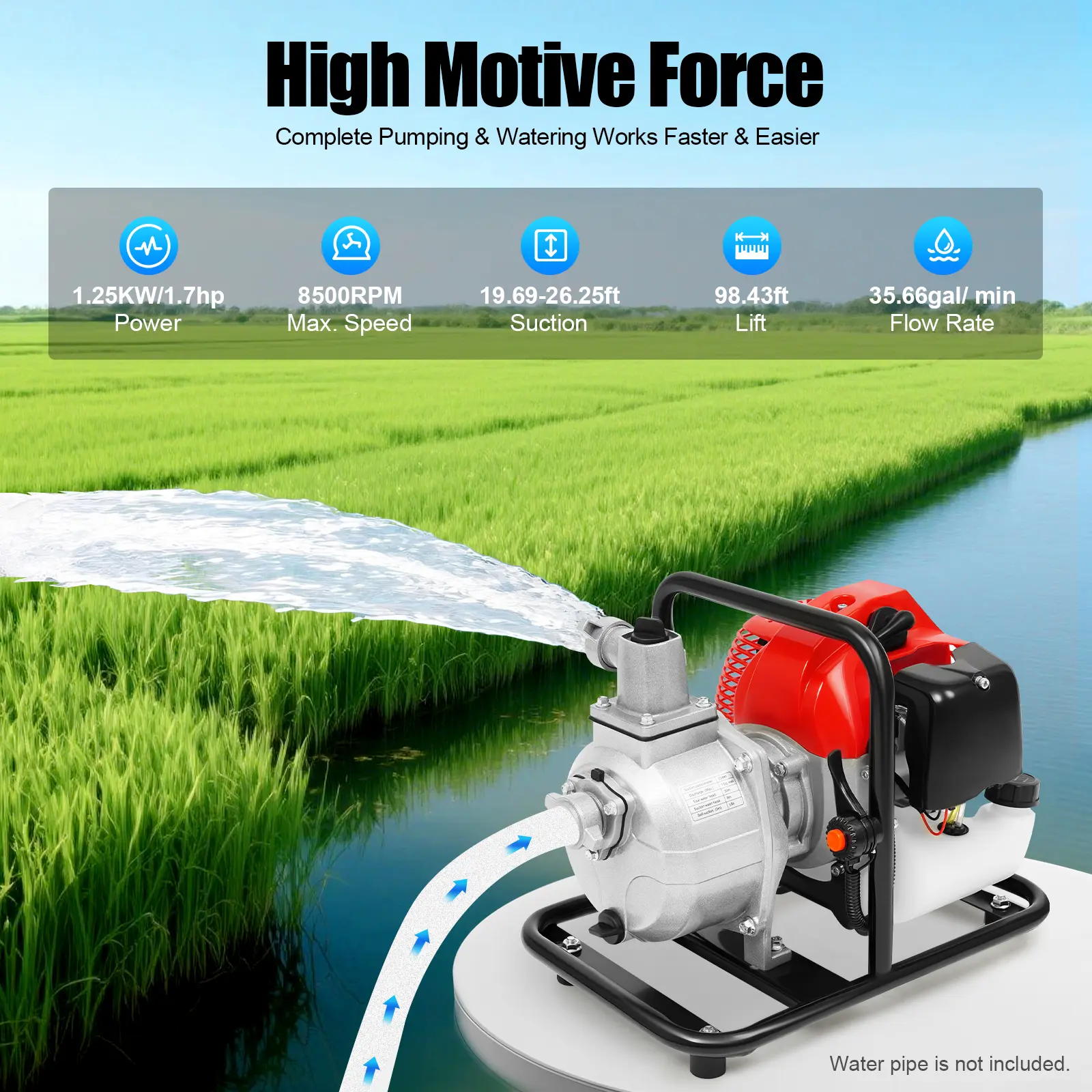 2-Stroke 43CC High Efficiency Water Pump, 1.25KW, 35.66gal/min, Swimming Pool Pump for Irrigation, Water Supply, Swimming Pool Pumps