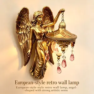 Gold Angel Wall Lamp – Vintage Sculpture with Crystal Drops & Dimmable Soft Light for Bedroom Hallway Gothic Home Decor
