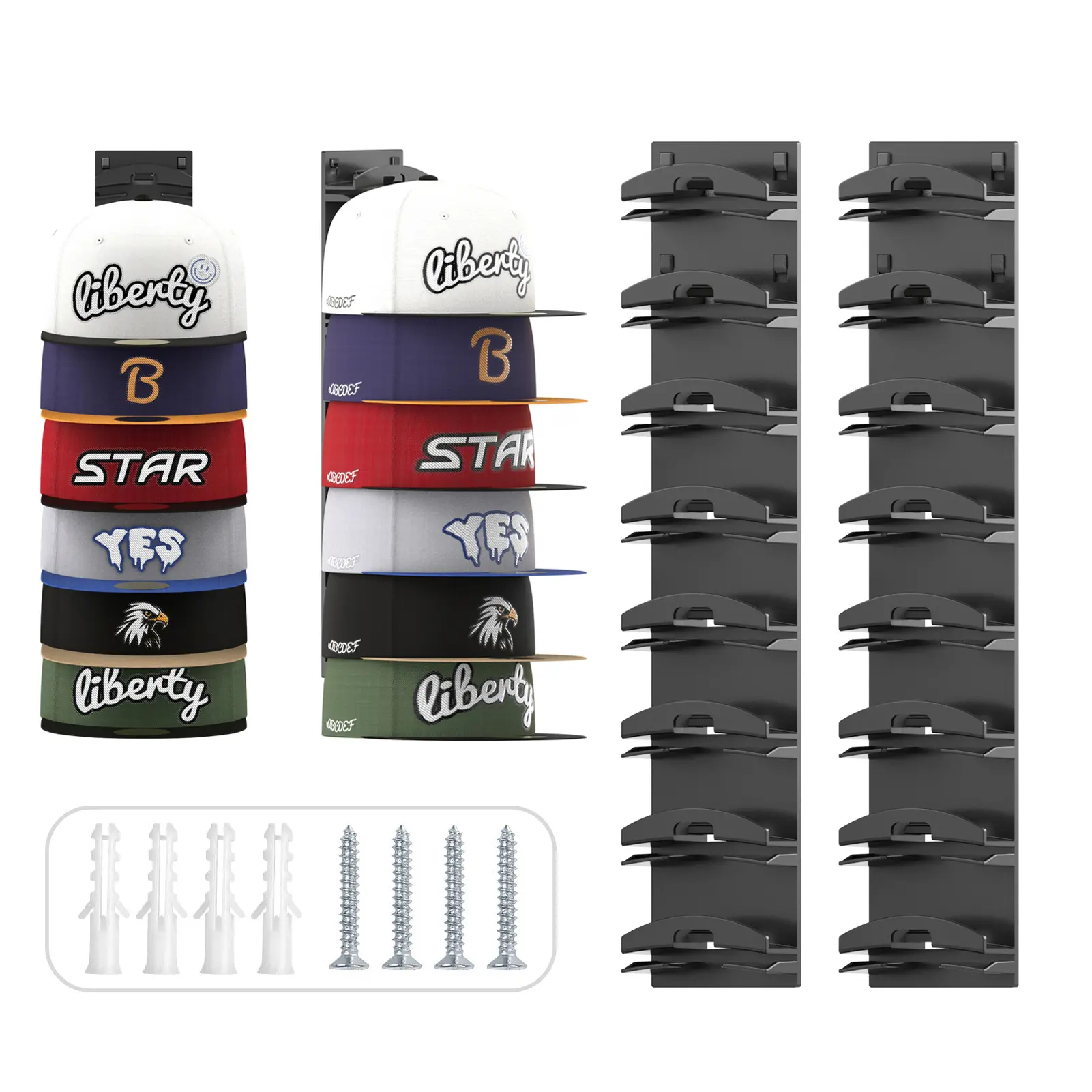 Wall-mounted multi-level hat storage rack  2 sets  Can hold up to 16 hats. Hanging storage rack suitable for closet doors and wall decorations. Black Organiser