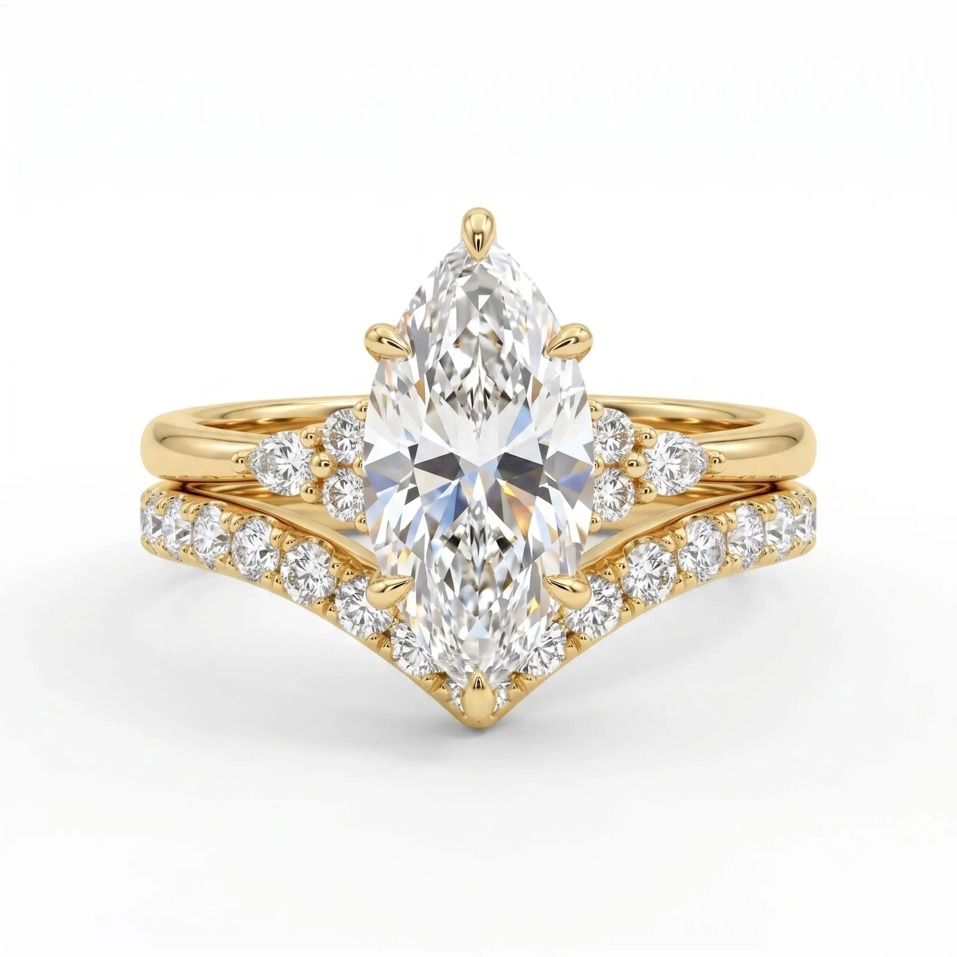 #JY 2-Piece Marquise Cut Cubic Zirconia Ring Set, 14K Gold Plated V-Shape Bridal Engagement Wedding Band Set for Women