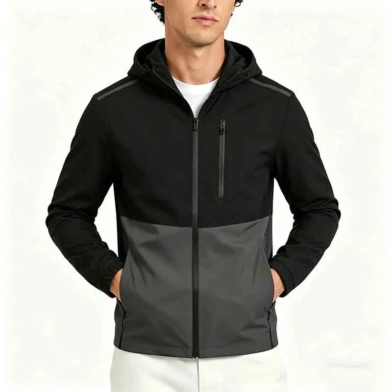 Men’s Color-Block Black-and-Gray Zip-Up Hooded Lightweight Breathable Jacket - Casual Sporty Windbreaker Coats for Young Adults’ Business Commuting, Outdoor Running | Menswear Outerwear