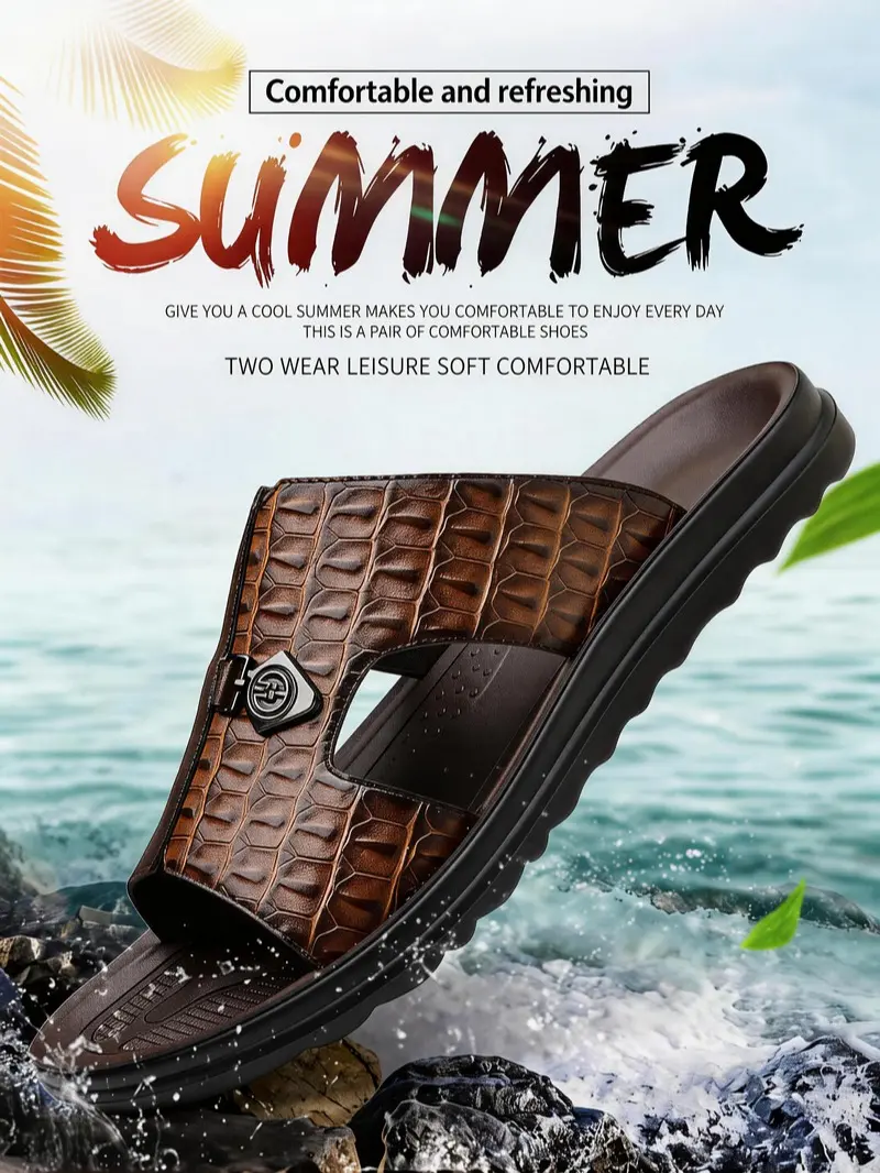 Summer Secret men’s slippers—lightweight and comfortable; featuring arch support and a non-slip sole, suitable for wide or narrow feet; stylish slippers ideal for the beach and indoor use., Slide, Footwear, Shoe, Leather, Casual