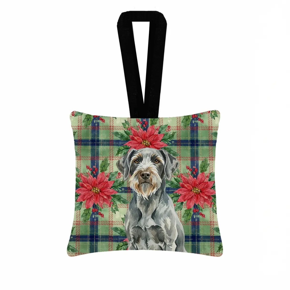 Carolines Treasures WDK8860PO3 3.5x3.5 inches Steel Gray Wirehaired Pointing Griffon Poinsettia Floral Artwork Hanging Square Fabric Ornament - Lightweight Traditional Home Supplies, Festive Christmas Kitchen Tree Decor, Teacher Appreciation Gift