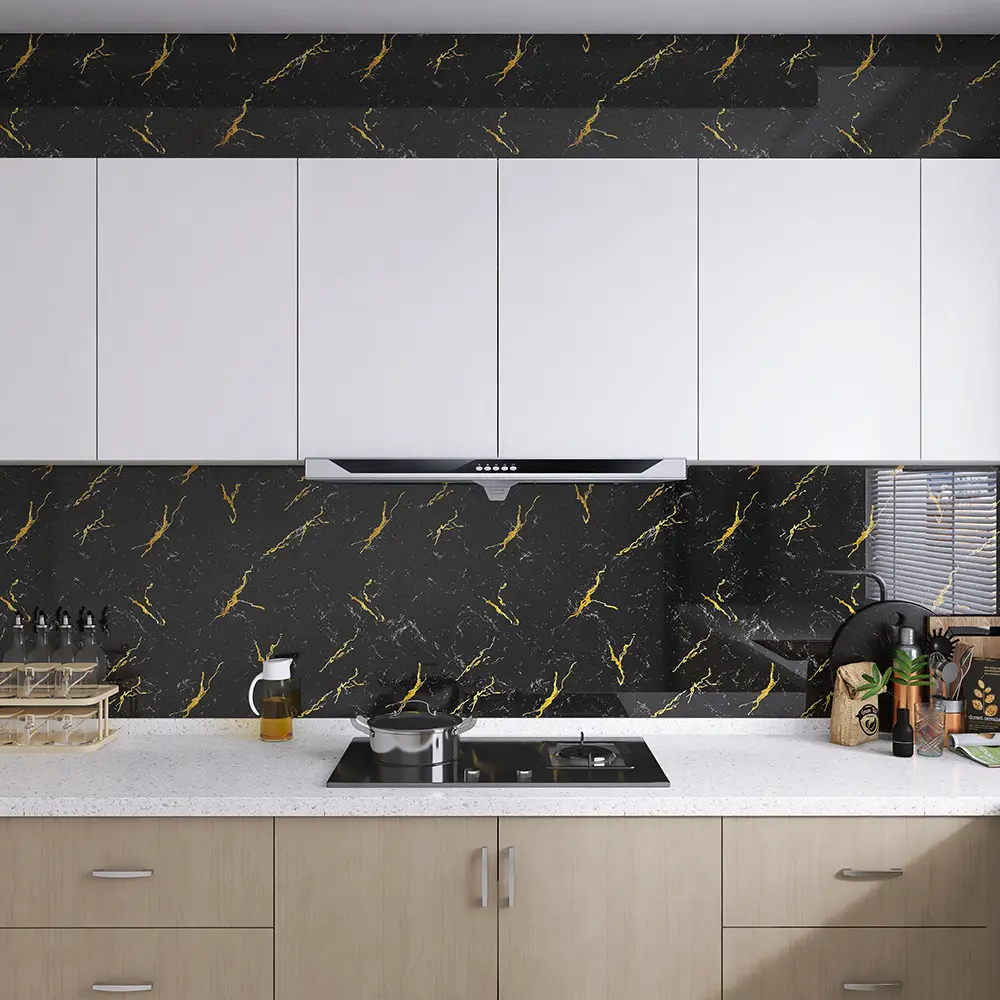 Black Gold Marble Peel & Stick Contact Paper, 1-Count Waterproof Oilproof Heat Resistant PET Wall Paper, Modern Removable Self-Adhesive Decor Film for Kitchen Countertop, Cabinets, Table & Furniture Home Renovation #GLOBAL PICKS wall decor