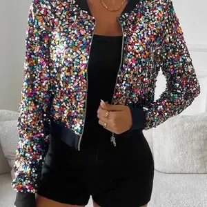 Women’s glitter sequin zip-up jacket, casual long-sleeve V-neck outerwear for daily wear, ladies’ clothing for all seasons, coats
