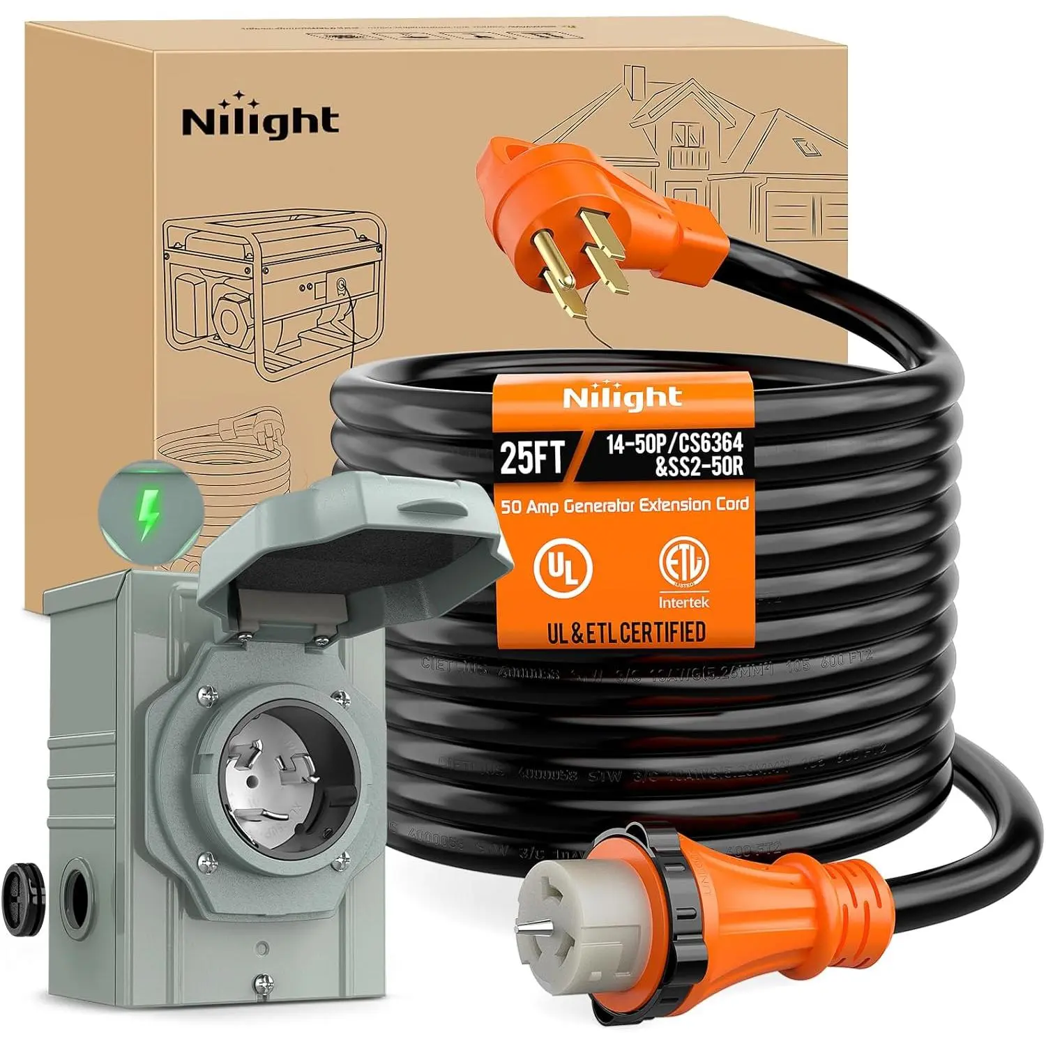 Nilight 50A 25FT Copper Wire Generator Extension Cord & Power Inlet Box, 125/250V 12500W Heavy Duty 6/3+8/1 Gauge PVC STW ETL Certified, NEMA 14-50P/SS2-50R Twist Lock, Heat Resilient Flexible Flame Retardant Wire, RV Motorhome Ready