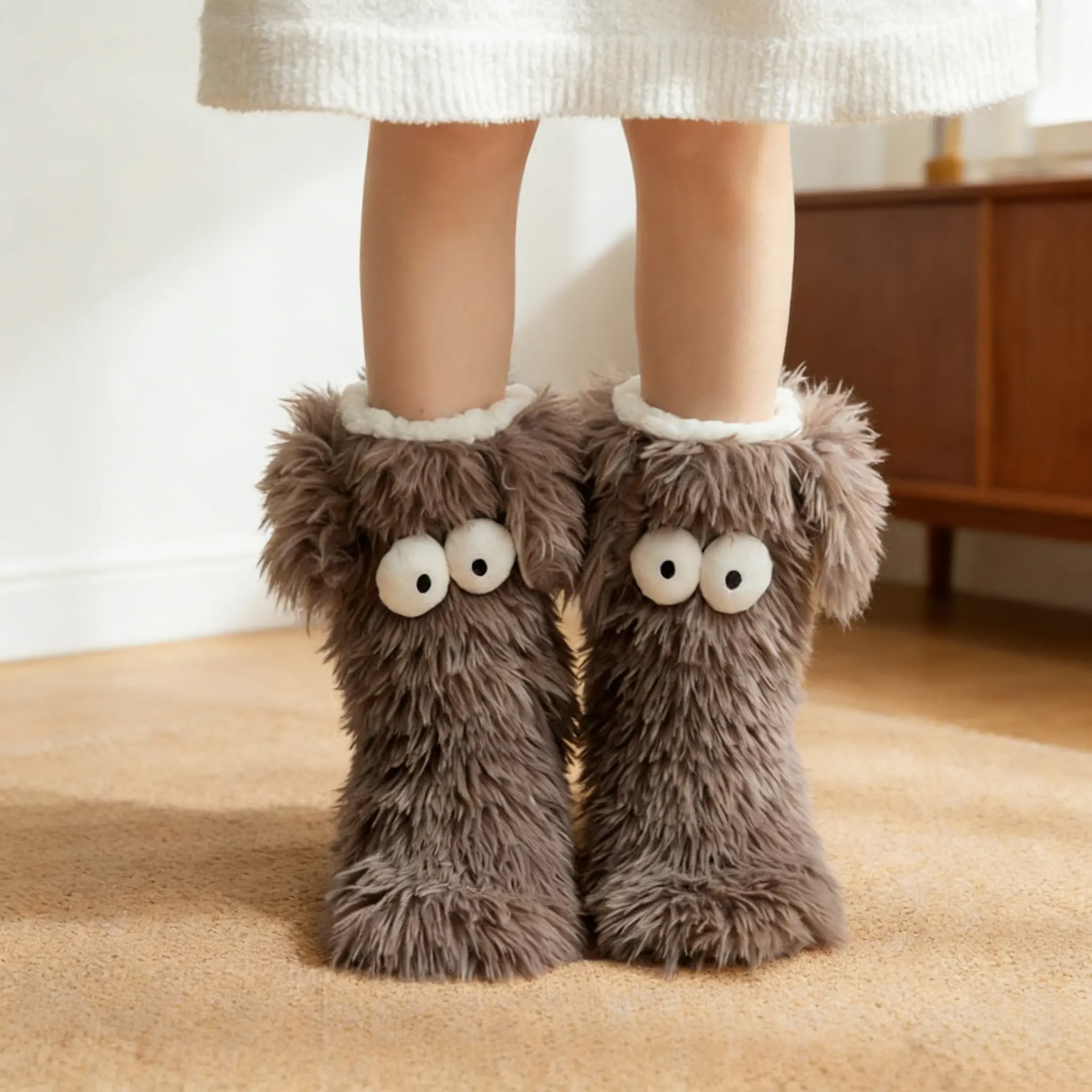Cozy Lamb Wool Floor Socks for Adults Thickened Fleece-Lined Non-Slip Plush Snow Socks and Shoe Covers Indoor Use with Adorable Eyes Design