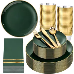 350PCS Green - Disposable Green Gold Dinnerware Set for 50 Guests, 100 Dinner/Dessert, 150 Gold Silverware, 50 Cups&50 for & Wedding &
