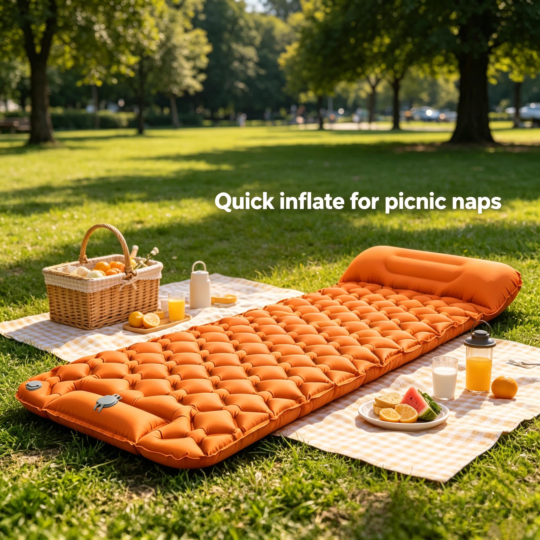 1 single foot inflatable sleeping pad, widened and thickened with drawstring, ultra light and foldable air cushion, suitable for camping, hiking, beach picnicking, travel, family rest, car rest, and outdoor backpacks