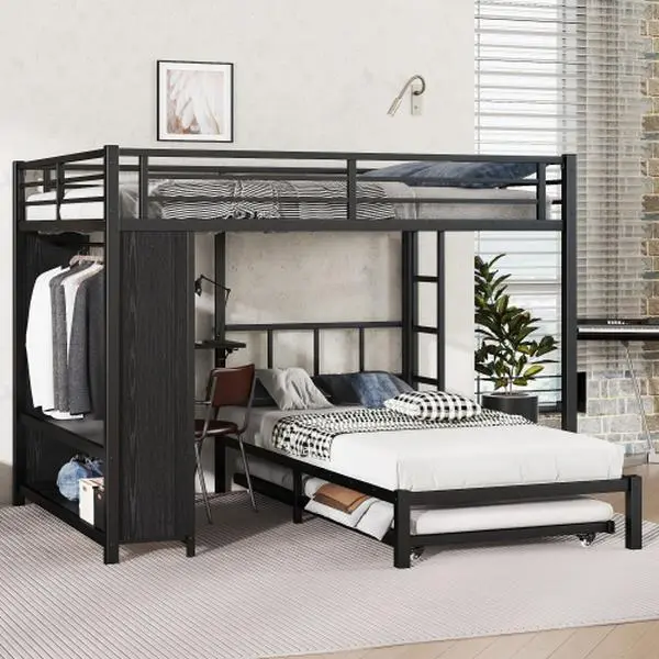 [Bellemave] Bunk Bed with Built-in Wardrobe, Metal Bunk Bed with Trundle, Foldable Desk, Ladders, Noise-reduced design, Black