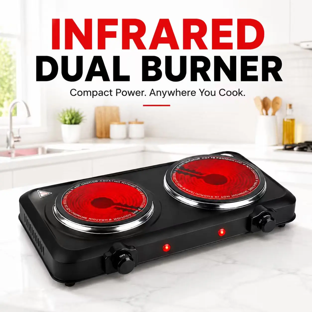 1800W Portable Dual Burner Cooker Stove - 110V/60Hz Infrared Camp Stove with 7.5in & 6.3in Tempered Glass Cooktop, Iron Shell, Stepless Temperature Adjustment for Dorms, RV Countertop Use - 5380, Portable Kitchen, Auto Thermostat, Camping
