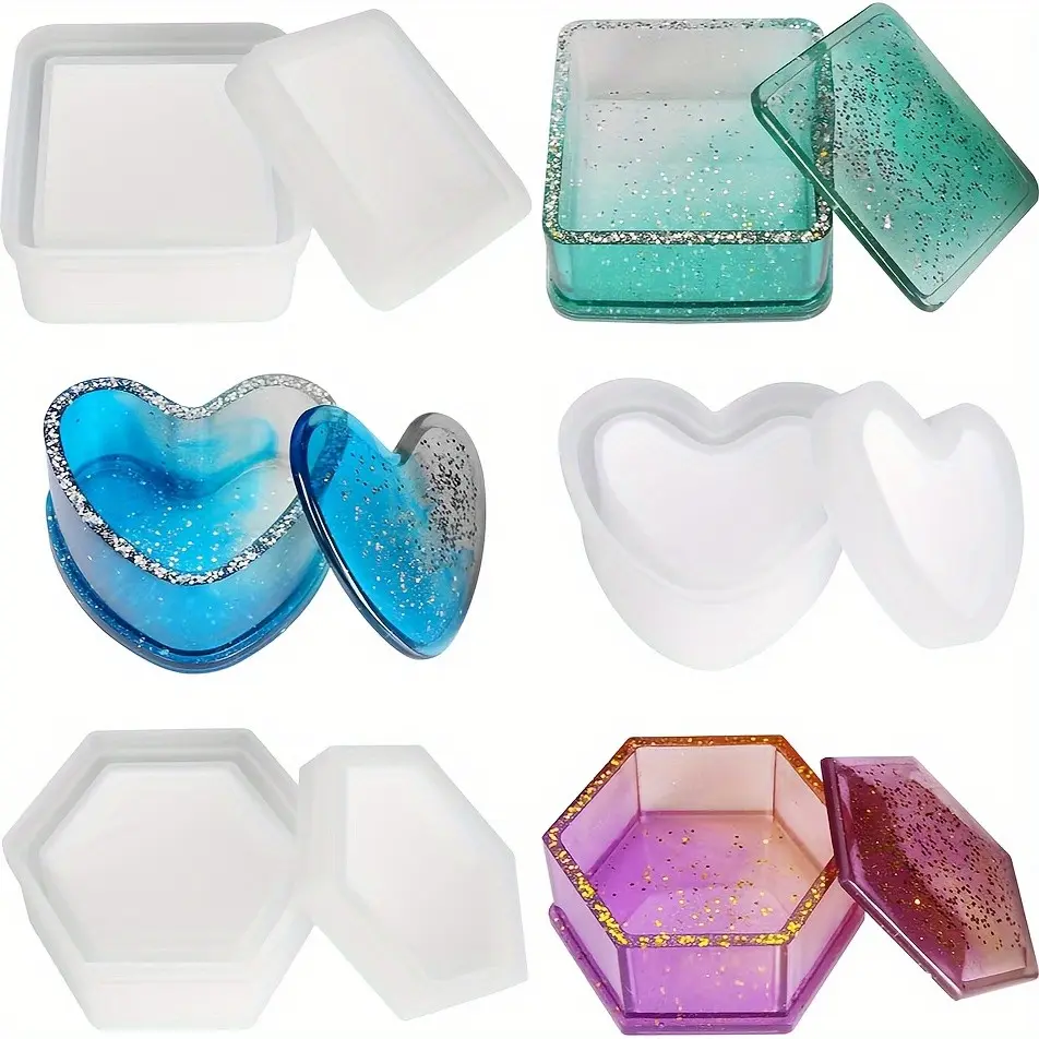 3 Sets (6 Pieces) Silicone Molds, Heart Shape, Hexagon Shape, Square Shape, Resin Storage Box Mold, Jewelry Storage Mold, Craft Supplies, Jewelry Making