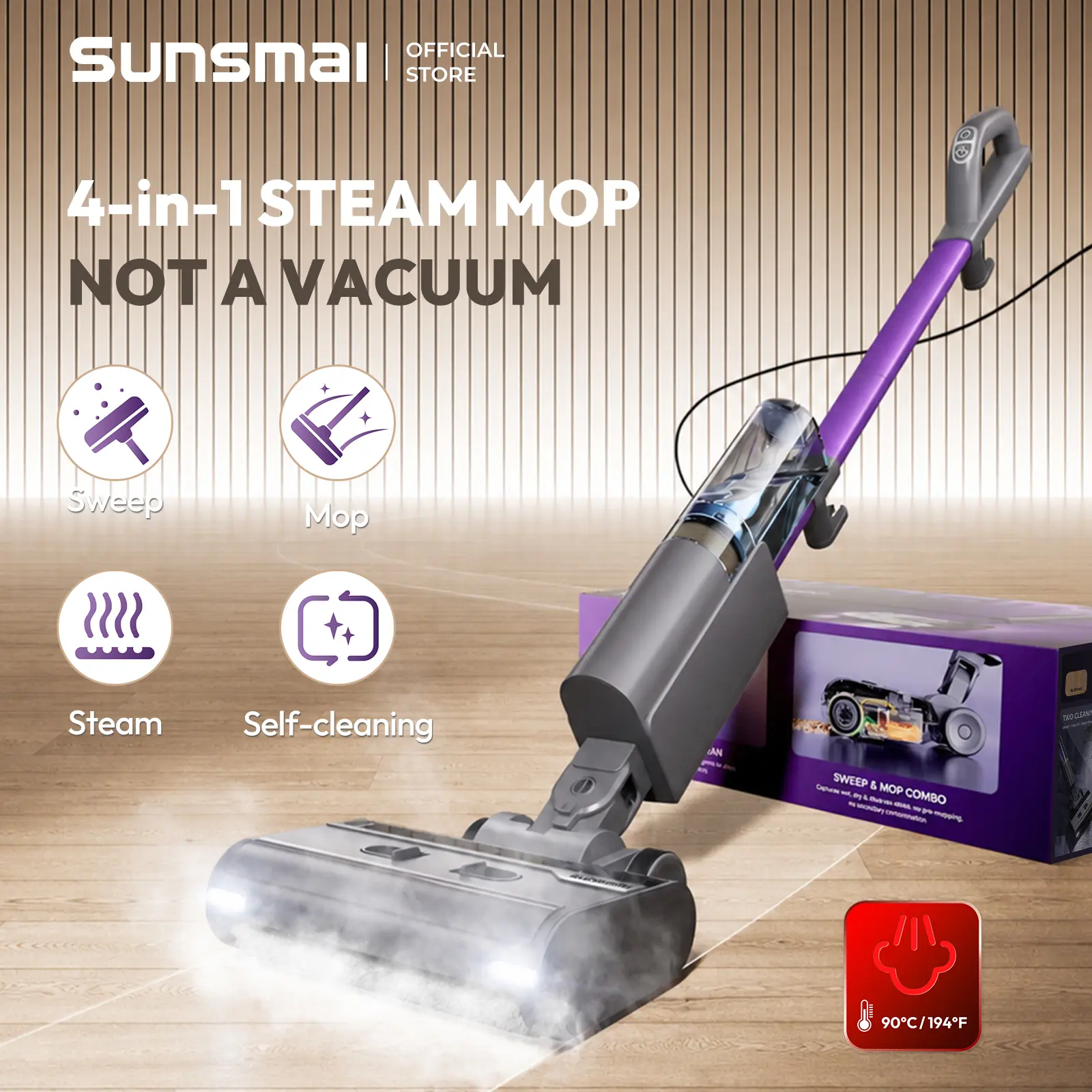 Sunsmai Chemical-Free Lightweight Steam Mop - Floor Cleaning Tool with Self-Cleaning Function, 180° Swivel Head, LED Headlights, Anti-Scaling Design for Kids & Pets Whole House Cleaning, Steam Cleaner