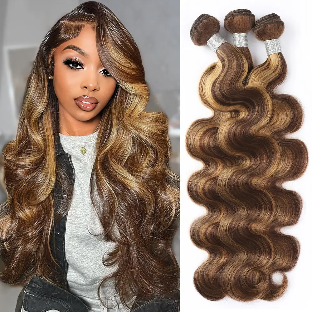 Ombre Human Hair Bundles P4/27 Brazilian Body Wave Bundles with 4x4 Closure Sew in T1B-4/30 Ombre Brown Hair Bundles for Quick Weave Balayage Highlight Hair Extensions