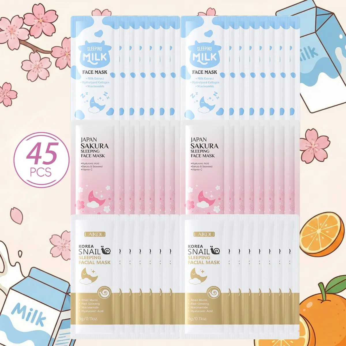 Laikou Sakura Milk & Snail Sleep Mask, Hydrating Night Cream, Skincare, Moisturizing Face Care, Moisturizer, Moisture, Moisturizing Facial Mask, Moisturizing Beauty Mask, Hydration Mask, Nighttime Moisturizing Mask