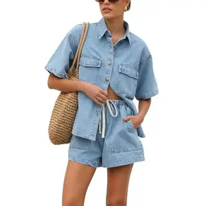 Chouyatou Women's Summer Denim Shirt and Shorts Two-Piece Set Short-Sleeve Button-Down Shirt with Elastic Waist Wide-Leg Shorts Casual Outfit