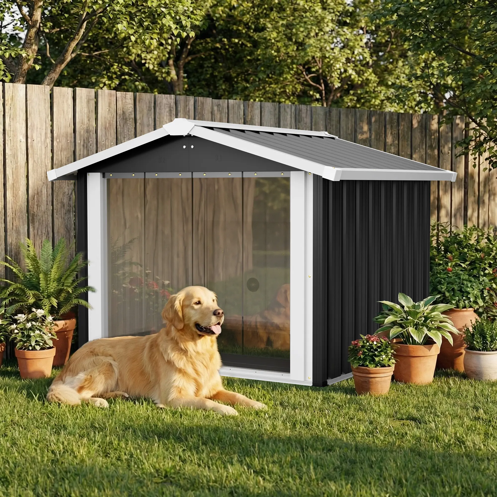 2-in-1 Metal Dog Crate & Storage Shed, Weatherproof Outdoor Dog House with PVC Door & Vent, Multi-Function Pet Kennel for Medium-Large Dogs, 39.7" x 35.8" x 33.3"