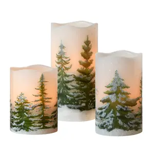 LumaBase Battery-Operated LED Wax Candles, Green Pines - Set of 3