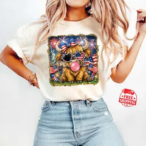 [Sale up to 50%] [Free Ship] Hand Drawn 4th of July Highland Cow T-Shirt, Leopard 250th Anniversary Shirt, Western 4th of July Tshirt, American Flag