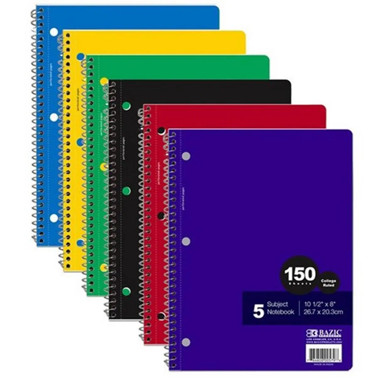 Bazic 5-Subject Spiral Notebook, Case of 24, 150 Sheets/Notebook, 10.59in H x 8.386in W x 0.669in L, Quality Line of School and Office Products