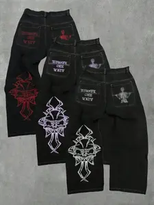 Men's American Retro Style Fitted Denim Jeans, Back Skull Design Straight Leg Pants for All Seasons, Trendy Fashion for Men