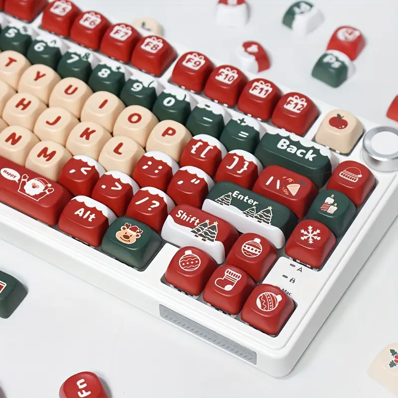 PBT Plastic Keycap Set, 9.5mm Thermal Print Thermal Sublimation Process, 6.25u Keys Red Green Snow Art Design, 130-Piece Kit with Tools for 61/64/68/81/82/84/87/89/96/97/98/99/100/104-Key Durable Mechanical Keyboards, Christmas Gift