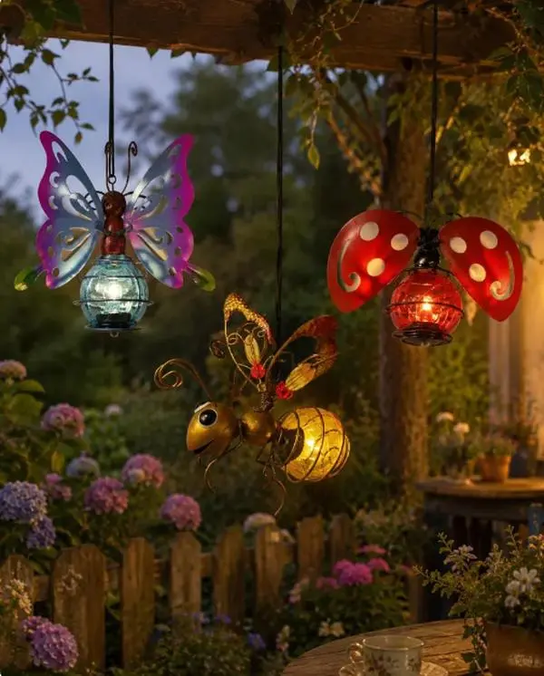 Hanging Solar Garden Lights Outdoor - Cute Crackle Glass LED Lanterns with Butterfly, Bee, Ladybug Designs for Garden, Lawn Decorative Ornaments sculpture