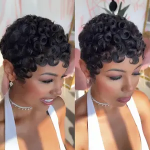 Short Pixie Cut Wig Wavy Pin Curls Black Mommy Wig Curly Bomb #1B #2 #4 #27 #99J #613 Colorful Cute Style Wigs For Black Women