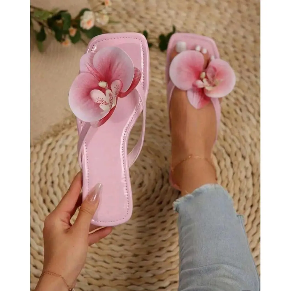Pink Floral Flip Flops with Elegant Orchid Design for Women's Summer Footwear