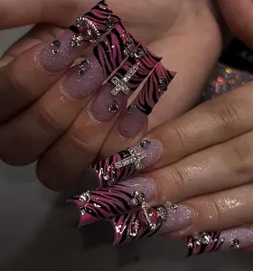 Y2K McBling Flare Press-On Nails | Hot Pink & Black Zebra Print | Detailed Rhinestone Cross & Heart Charms | Sparkly Glitter Base | High-Quality Unique Retro Punk Handmade Set