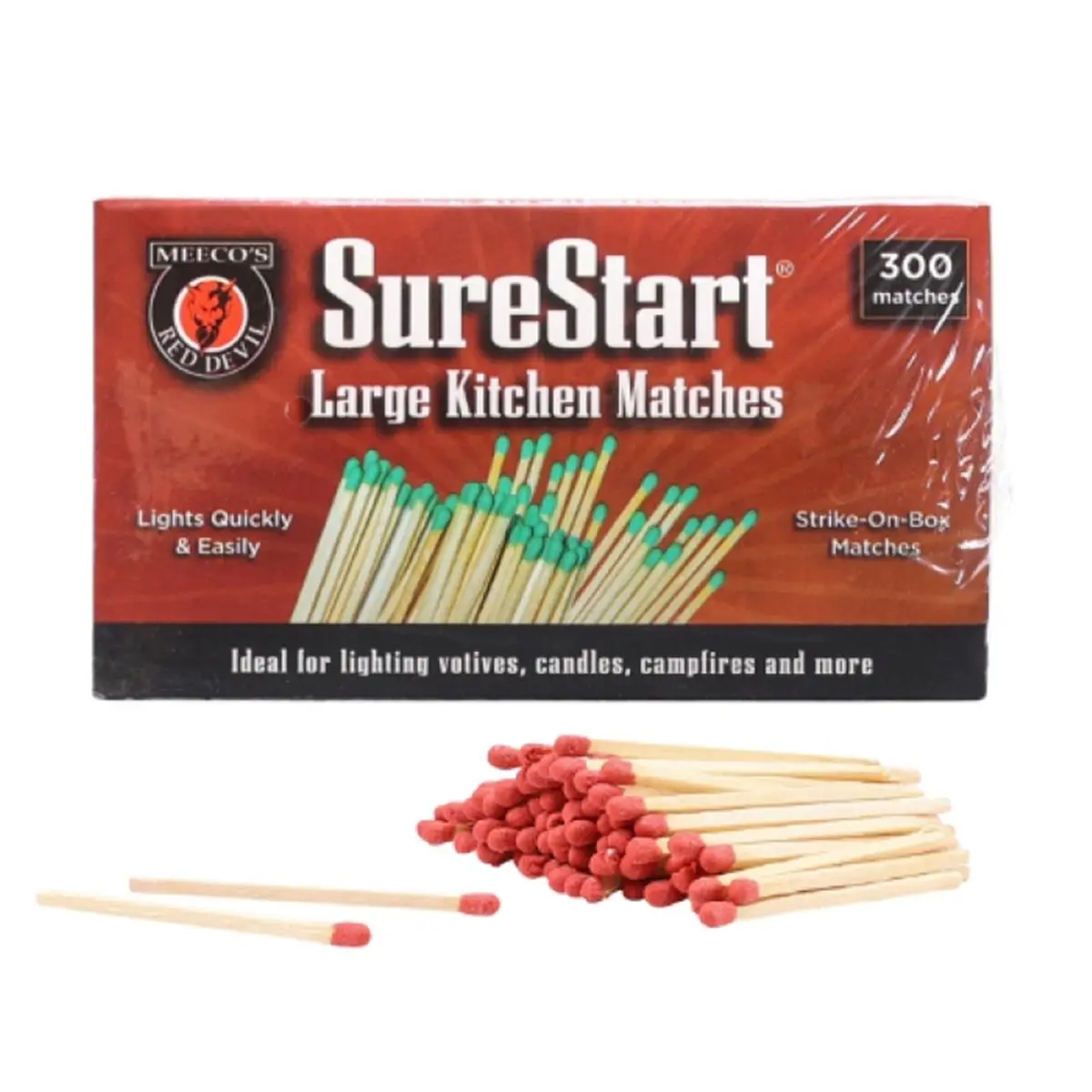 Meeco Manufacturing Large Kitchen Strike-On-Box Wooden Matches - 2 Boxes of 300 (600 Total, 0.5 lbs Weight), Outdoor-Ready Fire Starter Companion for Candles, Party Use, Gas Appliances