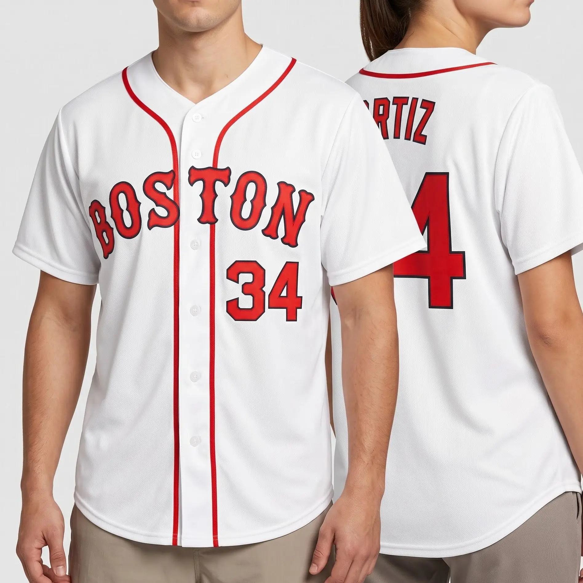 Boston Number 34 Baseball Jersey, White Red Retro Button Up Sports Shirt, Unisex Baseball Fan Top for Men and Women