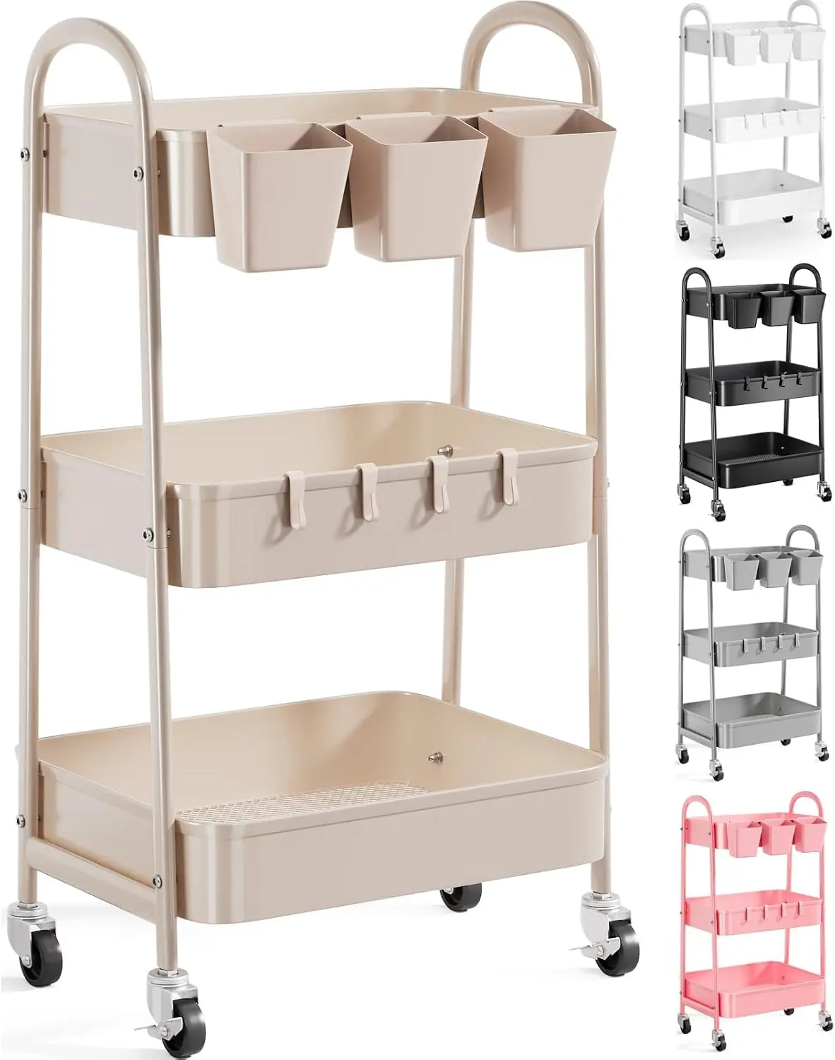3 Tier Metal Utility Rolling Cart with Lockable Wheels & Handle, Mesh Storage Baskets, Multifunctional Organizer Trolley for Kitchen, Office, Living Room, Laundry, Garage & Dorm, Khaki