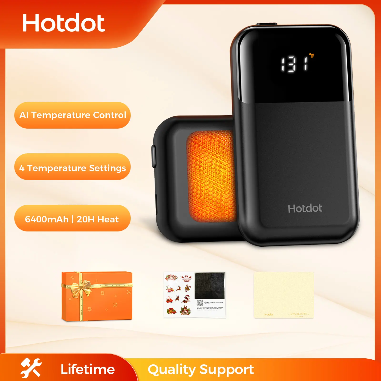 Hotdot Rechargeable Electric Hand Warmers - Adjustable Heating Temperature (104-131°F), Real-Time Temp & Battery Display, Fast Heating, Cordless Travel Warmer, Battery Powered, Glove/Pocket-Fit, Gifts for Adults, Battery Powered Heating