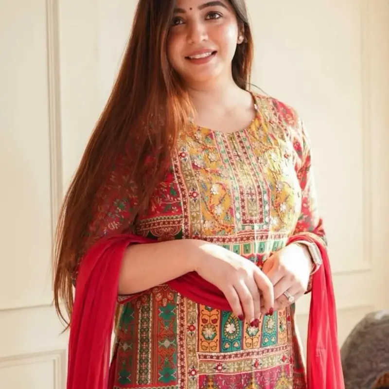 INDIAN DESIGNER PRINTED MUSLIN SEQUENCE WORK KURTI BOTTOM WITH DUPATTA RED