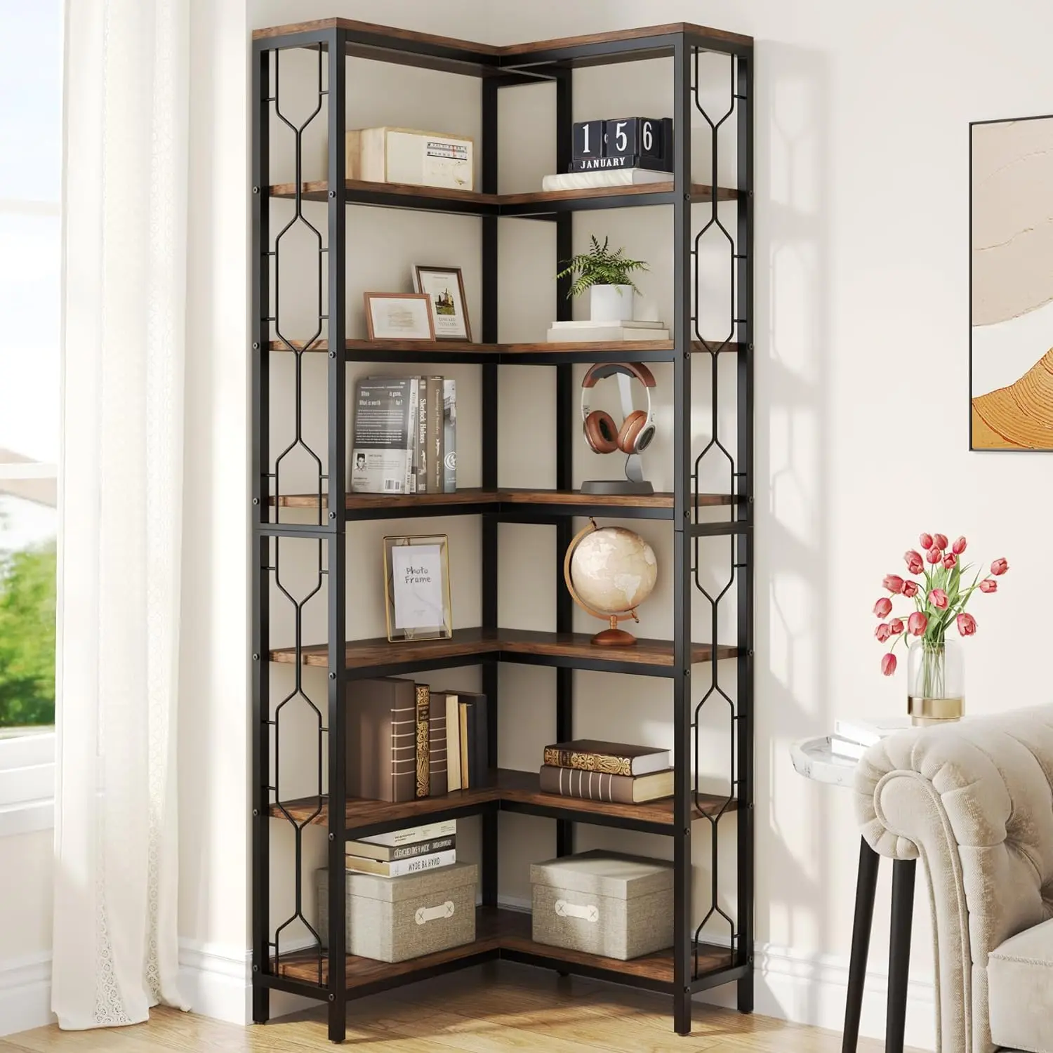 Tribesigns Corner Shelf, 7-Tier Industrial Corner Bookshelf, Wood and Metal Corner Etagere Bookcase, Freestanding Display Shelf for Living Room, Kitchen, Home Office