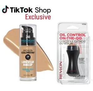 Revlon TikTok Exclusive Foundation Bundle: ColorStay Face Makeup for Normal & Dry Skin, SPF 20, Longwear Medium-Full Coverage with Natural Finish with Volcanic Roller