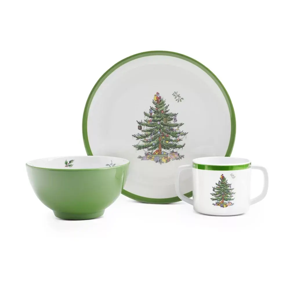 Spode Christmas Tree 3-Piece Sturdy Lightweight Melamine Dinnerware Set - 8" Plate, 5" Bowl, 10 Oz Mug - Classic Tree Motif, Dishwasher Safe Kitchen Tableware Set