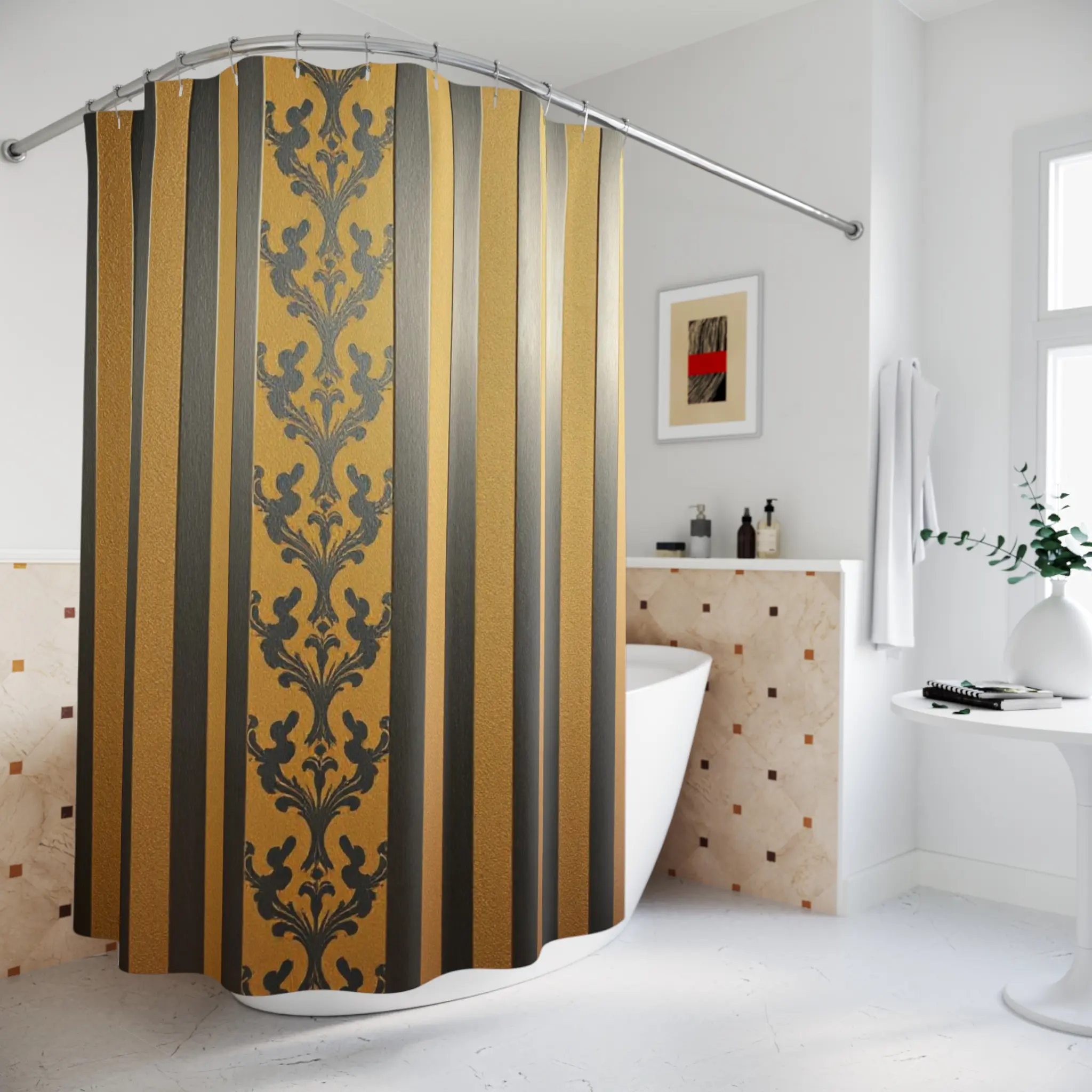 Damask Gold & Bronze Striped Shower Curtains