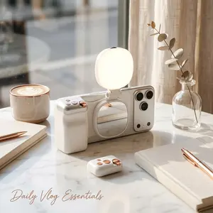 MACTREM Magnetic Camera Grip - Detachable Wireless Remote, Selfie Mirror, LED Fill Light, MagSafe Vlogging Rig for iPhone with Rear Tech Accessories