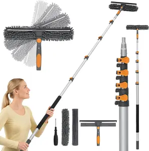 Adjustable Window Squeegee with 5-20ft Telescopic Pole 14" Oversized Head 2-in-1 Cleaning Kit for High Windows Glass RV Orange