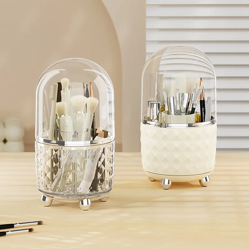 Light Luxury Makeup Storage Organizer with Transparent Lid, 360° Rotation Desktop Vanity Compartment Tube for Eyebrow Pencils, Lipsticks, Bedroom/Bathroom Everyday Use，  Dorm Storage