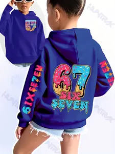 Girls' Fun Number Print Hoodie, Blue Fitted Casual Sportswear, Fall & Winter Elastic Fabric, Christmas Gift, School Fashion, Graphic Hoodies