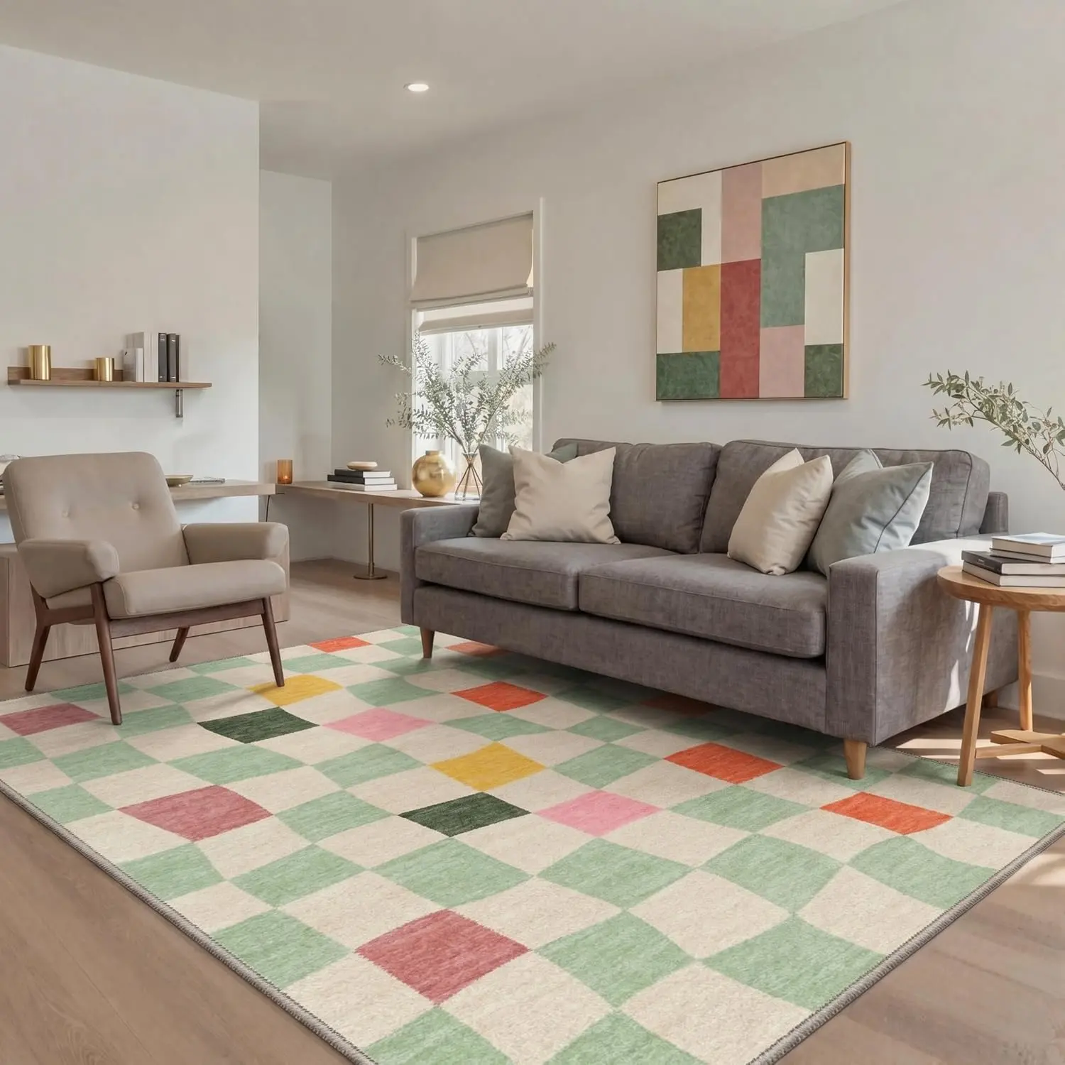 【Back To School】GENIMO Washable Rug Non Slip Low Pile Lightweight Warped Check Print Pattern Area Rugs for Living Room, Bedroom, Dining Room, Indoor Modern Minimalist Home Decor Sage Beige