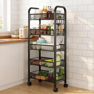 Garvee 5-Tier Metal Rolling Utility Cart with 4 Lockable Wheels – Storage Cart for Fruits, Vegetables, Snacks, Bowls & Dishes, for Kitchen, Living Room, Bathroom, Black