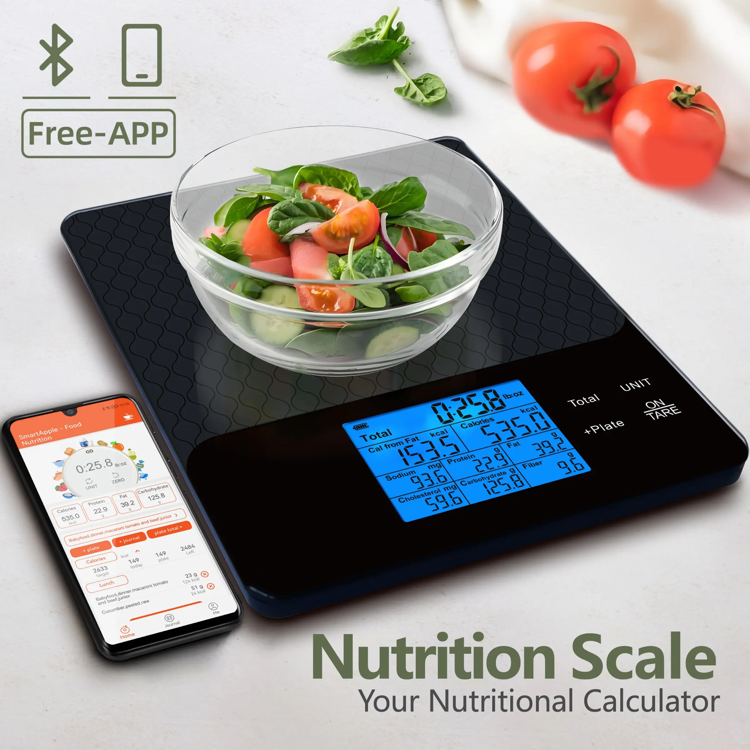 Smart Kitchen Food Scale with Nutritional Calculator and App & Glass Top, 10 kg or 22 lb Capacity, Grams/Ounces Display for Calorie Tracking, Portion Control and Meal Prep, Digital Weighing Scale, Multi Function Scale