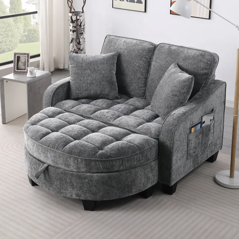 Double Sofa Chaise Longue with Storage Footrest, 51‘’ Loveseat Couch with Irregular Armrests and Backrests, Two-Seater Sofa with Throw Pillows, Living Room, Bedroom, Easy Assembly